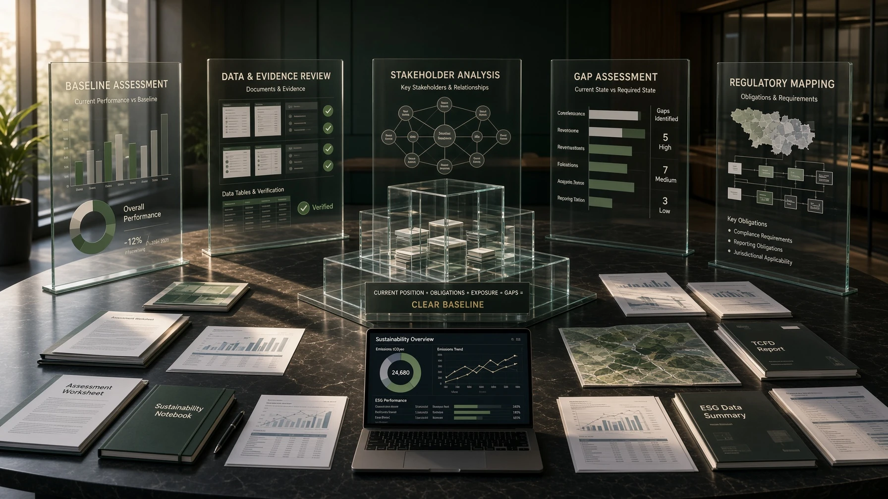 Crystalise stage: five assessment panels covering Baseline Assessment, Data and Evidence Review, Stakeholder Analysis, Gap Assessment and Regulatory Mapping, with a central display showing the clear baseline output.