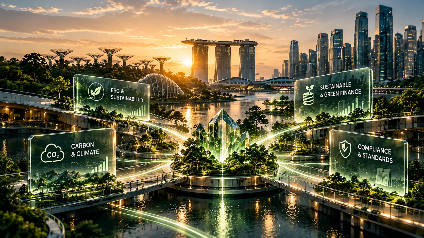 Four practice areas: ESG and Sustainability, Carbon and Climate, Compliance and Standards, Sustainable and Green Finance, converging at Singapore Gardens by the Bay at sunset.