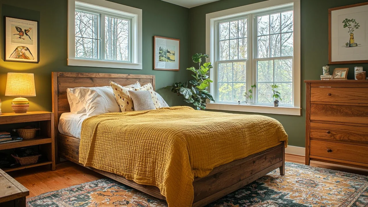 Green and orange bedroom in a Hosted Havens San Antonio vacation rental